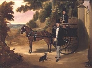 Zwei Herren mit ihrer Kutsche in einer bewaldeten Landschaft von English School