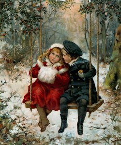 Zwei Kinder auf einer Schaukel. Der kleine Junge trägt einen Matrosenanzug und das kleine Mädchen einen Muff. Titelbild von Weihnachten 1905 „Illustrated London News“. Paris, Decorative Arts von English School