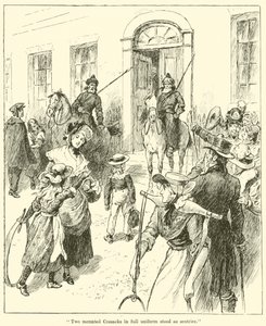 Zwei berittene Kosaken in voller Uniform standen als Wachen von English School