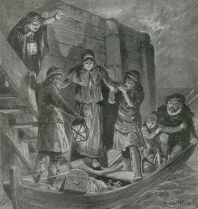 Tycho Brahe segelt in der Dunkelheit der Nacht von seiner Insel weg von English School