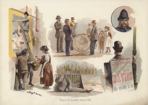 Typen des Londoner Straßenlebens: Plakatierer, Blumenverkäufer, Musiker, Bettler, Sandwichmann, Polizist von English School