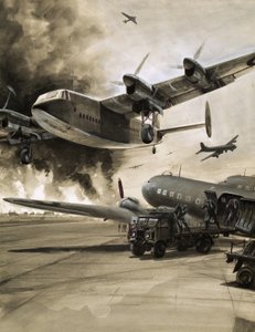 Unidentifiziertes Flugzeug mit brennender Stadt im Hintergrund von English School