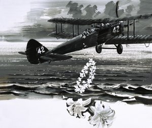 Unidentifiziertes Doppeldeckerflugzeug, das einen Kranz abwirft von English School