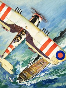 Unidentifiziertes Doppeldeckerflugzeug über einem Flugzeugträger