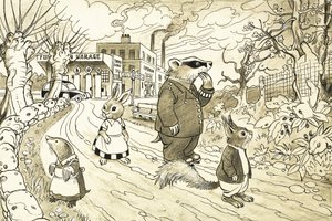 Unidentifizierte Cartoon-Tiere, darunter Eichhörnchen, Dachs, Maulwurf und Kaninchen