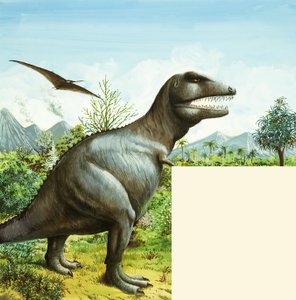 Unidentifizierte Dinosaurierszene mit T-Rex und Pterodaktylus von English School