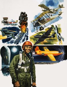 Unidentifizierter Pilot vor einer Montage von Flugzeugen
