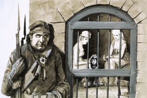 Unidentifizierte Gefangene in Gefängniszelle mit Wachmann im Vordergrund