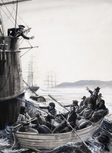 Unidentifizierte Matrosen (Meuterer) im Ruderboot mit Kapitän, der die Faust schüttelt von English School
