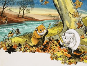 Unidentifizierte Szene von Mäusen, die Herbstblätter fegen