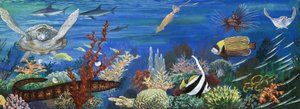Unidentifizierte Unterwasserlebewesen einschließlich bunter Fische und Schildkröte von English School