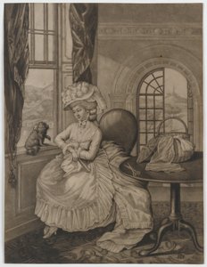 Ohne Titel (Frau sitzt am Fenster und betrachtet einen kleinen Hund), ca. 1780 von English School