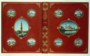 Obere und untere Einbände, zehn ovale Miniaturen von Moscheen, mit vergoldeten Rändern
