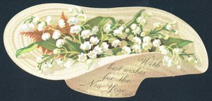 Umgedrehter Hut voller Blumen, Neujahrskarte von English School