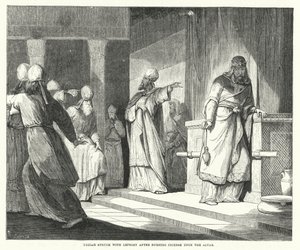 Usija mit Aussatz geschlagen nach dem Verbrennen von Weihrauch auf dem Altar (Gravur) von English School