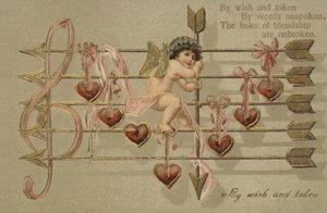 Valentinskarte mit Amor, Pfeil und Notenblatt von English School