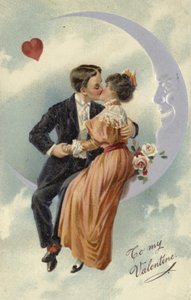 Valentinskarte mit einem Paar, das sich auf dem Mond küsst von English School