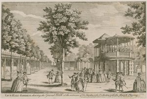 Vauxhall-Gärten, London, zeigt den Grand Walk am Eingang des Gartens und das Orchester, mit Musik von English School
