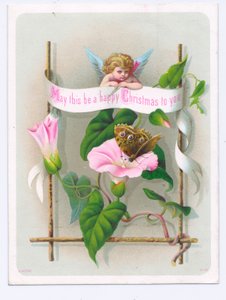 Viktorianische Weihnachtskarte eines Cupids, der einen Schmetterling auf einer rosa Blume betrachtet, ca. 1880 von English School