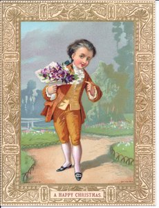 Viktorianische Weihnachtskarte mit einem Jungen in viktorianischer Kleidung, der einen Blumenstrauß hält, ca. 1880