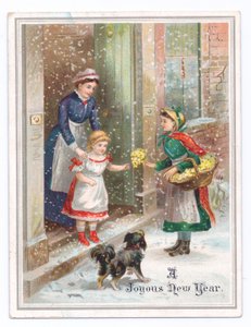 Viktorianische Neujahrskarte mit einem Dienstmädchen, das ein kleines Mädchen festhält, während sie Blumen von einem Blumenverkäufer im fallenden Schnee kauft, ca. 1880