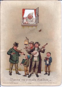 Viktorianische Neujahrskarte mit einem Mann im Nachthemd, der sich darauf vorbereitet, einen Krug Wasser auf Straßenmusiker zu gießen, ca. 1880