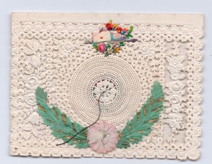 Viktorianische Grußkarte mit einem Bienenstock und einer Taube, die einen Umschlag hält, ca. 1880
