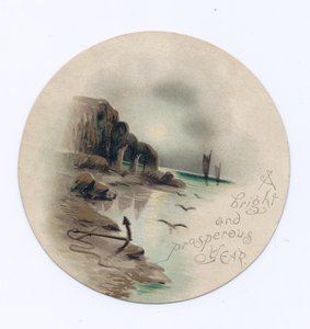 Viktorianische Neujahrskarte mit einer Meereslandschaft und zwei Yachten bei Mondschein, ca. 1880 von English School