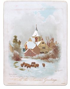 Viktorianische Grußkarte von Schafen, die in der Nähe einer Kirche im Schnee wandern, ca. 1880 von English School