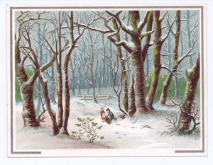 Viktorianische Grußkarte mit zwei Kindern, die im Schnee Zweige sammeln, ca. 1880 von English School