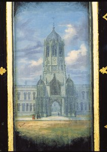 Viktorianisches Nähschrankpanel dekoriert mit einer Szene der Christ Church, Oxford von English School
