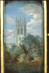 Viktorianisches Nähschrankpanel dekoriert mit einer Szene des Magdalen College, Oxford von English School