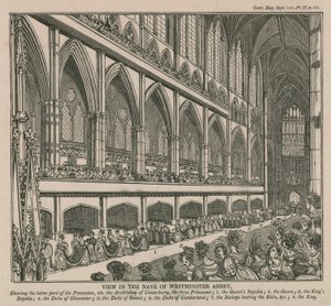 Ansicht im Kirchenschiff der Westminster Abbey während der Krönung von König Wilhelm IV. und Königin Adelaide von English School