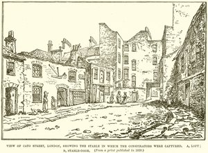 Ansicht der Cato Street, London, mit dem Stall, in dem die Verschwörer gefangen wurden von English School