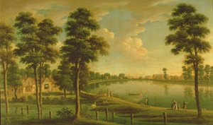 Blick auf das Chelsea-Reservoir und die Wasserwerke, mit der Westminster Abbey im Hintergrund, ca. 1725