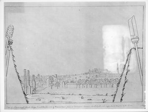 Ansicht der Roxborough-Kirche, Kings Arms und die Schornsteine des Browns House, von einer Schießscharte zwischen dem Sally-Port und dem rechten Bastion der Linien, 1776