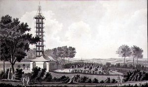 Blick auf einen niederländischen Garten mit einer chinesischen Pagode, ca. 1770