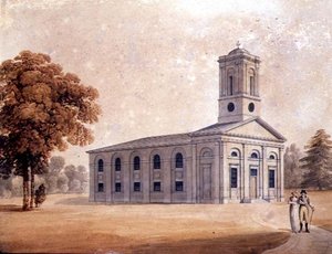 Ansicht einer neoklassizistischen Kirche in einem Park, ca. 1790 von English School