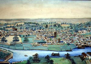 Ansicht einer Stadt und eines Flusses, ca. 1830 von English School