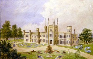 Ansicht eines Landhauses im gotischen Stil mit formellem Garten, ca. 1840 von English School