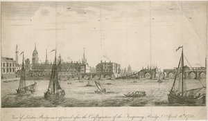Ansicht der alten London Bridge, wie sie nach dem Brand von 1758 erschien von English School