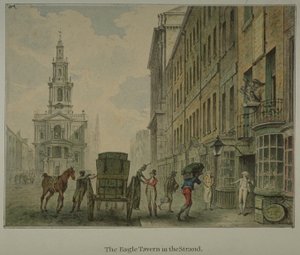 Ansicht der Eagle Tavern in der Strand, Westminster, mit einem Mann, der Waren von einem Pferdewagen auf der Straße entlädt, und St Mary le Strand in der Ferne, um 1800 (Aquarell auf Papier) von English School