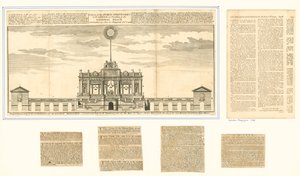 Ansicht des öffentlichen Feuerwerks für den Frieden von Aachen 1749 von English School