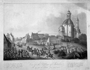 Ansicht des Dorfes Waterloo am Tag nach der Schlacht, 19. Juni 1815, 1816 (farbige Aquatinta)