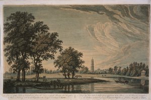 Blick auf den See und die Insel im Königlichen Botanischen Garten Kew
