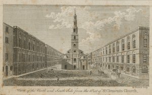 Ansicht der Nord- und Südseite von Westen der St. Clements Kirche von English School