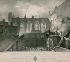 Ansicht der Überreste der St Stephens Kapelle am Morgen nach dem Feuer von English School