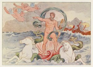 Vergils Aeneis: Neptun beruhigt die Wellen (Farblithografie) von English School