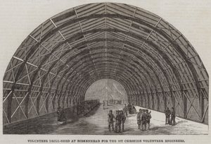 Freiwillige Drillhalle in Birkenhead für die 1. Cheshire Volunteer Engineers (Stich)