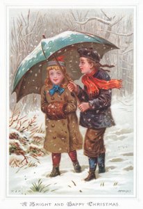 Unter einem Regenschirm im Schneesturm, Weihnachtskarte von English School